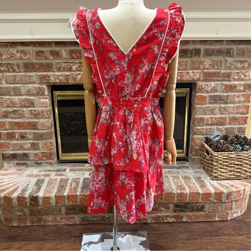 BETSEY JOHNSON Bush Gardens Red Floral Seersucker Ruffle Dress / XL / Like New - Image 12