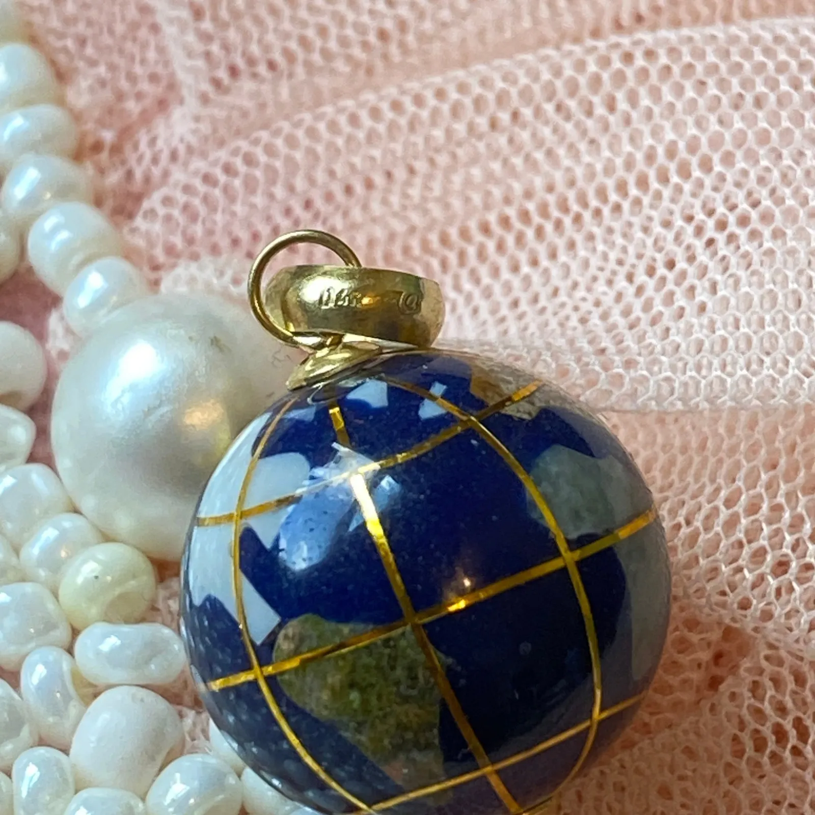 14k Gold Globe Charm Pendant Lapiz Lazuli Vintage Travel Unique Nautical World Blue - Image 4