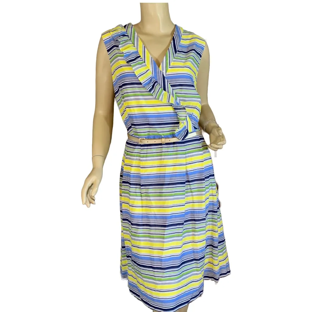 ALEX MARIE YELLOW, GREEN, BLUE & WHITE STRIPED SHEATH DRESS W/RUFFLE NWT (16) - Image 2