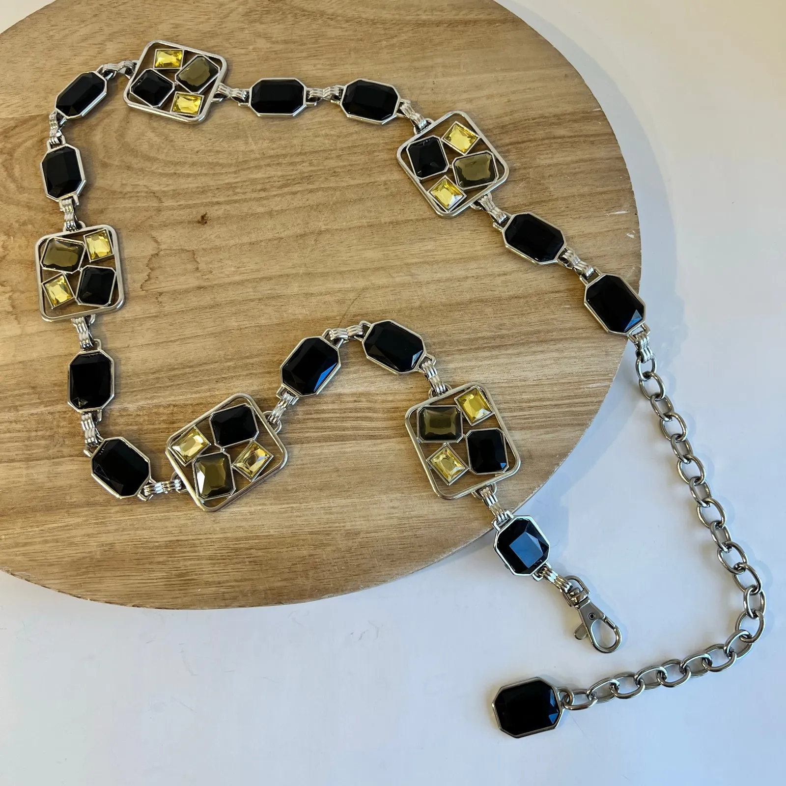 Silver Chain Link Chunky Embellished Black, Yellow Stone Wrap Belt Size Large Black - Image 4