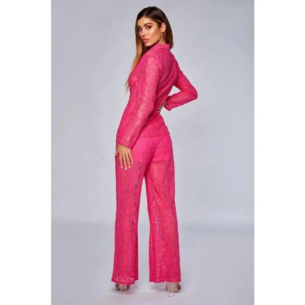 NWT Meshki Krissy High Rise Wide Flare Leg Lace Trouser Pant Pink Size Small - Image 4