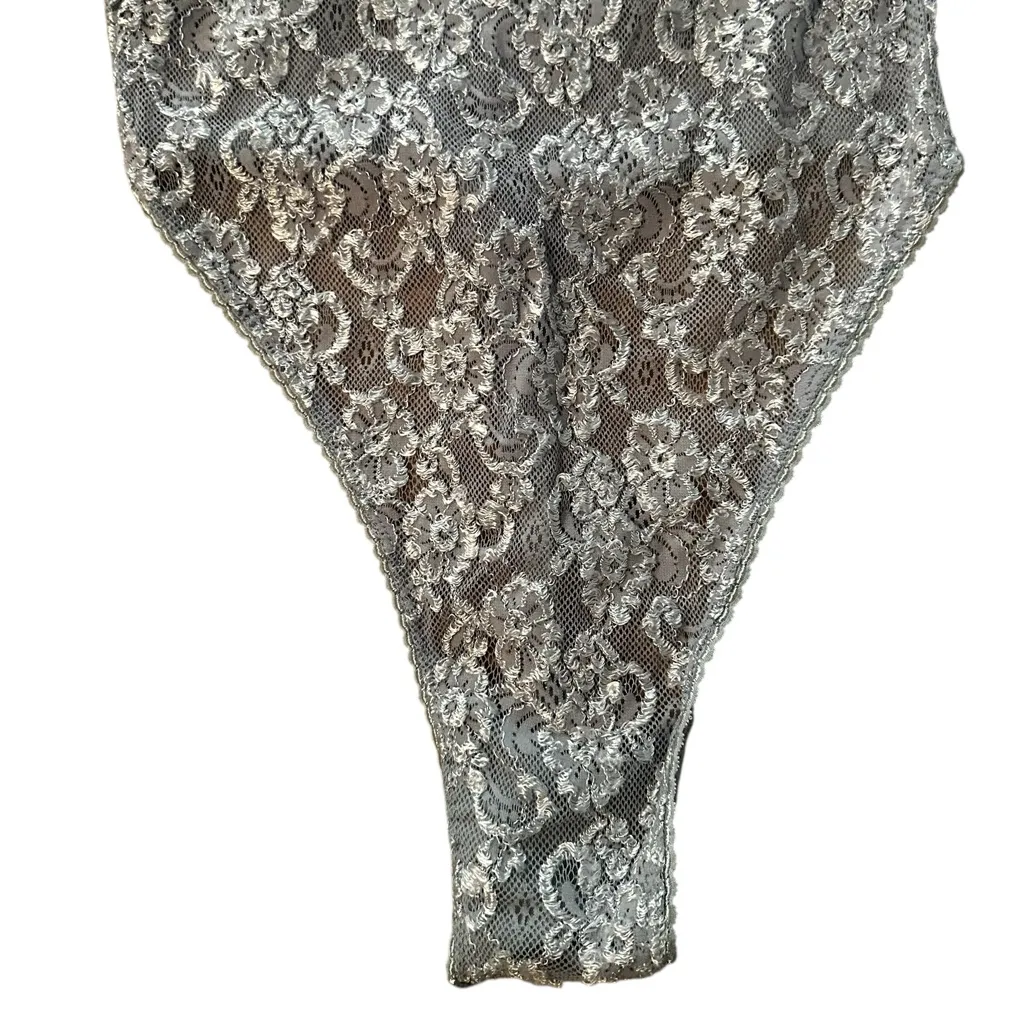 Vintage Mesh Floral Lace Sheer Lingerie Bodysuit 80s Sexy Coquette Size Small Blue - Image 6