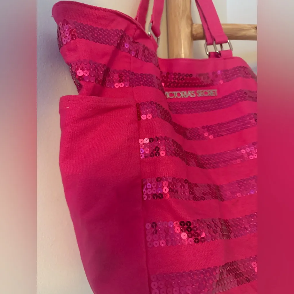 Victoria's Secret Hot Fuschia Bright Pink Striped Sequin Tote Bag With Handles - Image 3