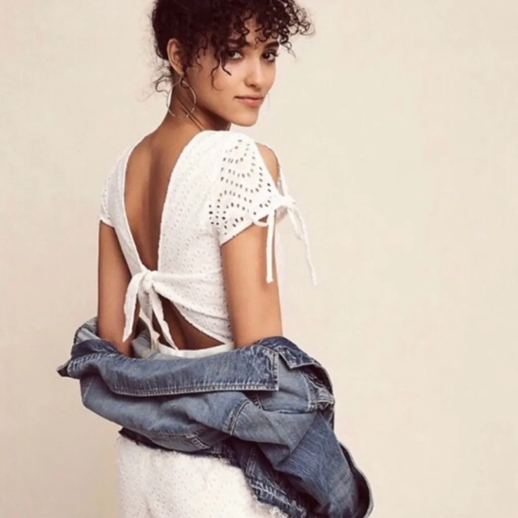 Express White Cotton Eyelet Open Tie Back Slit‎ Sleeves Lined Romper Size 4 - Image 4