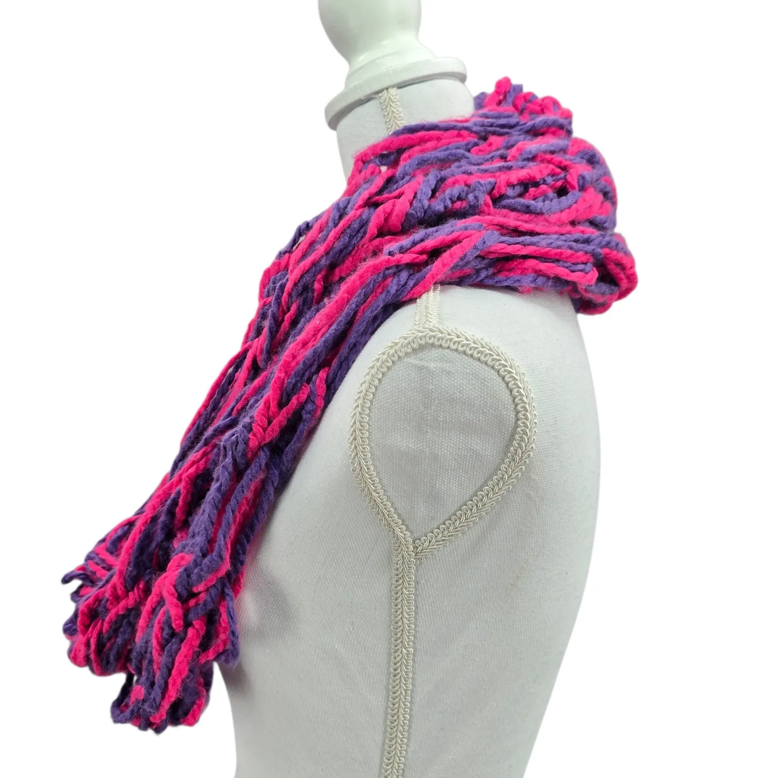 Y2K Vintage Multicolor Chunky Knit Cottage Granny Swan Cozy Wrap Shawl Scarf OS Pink - Image 3