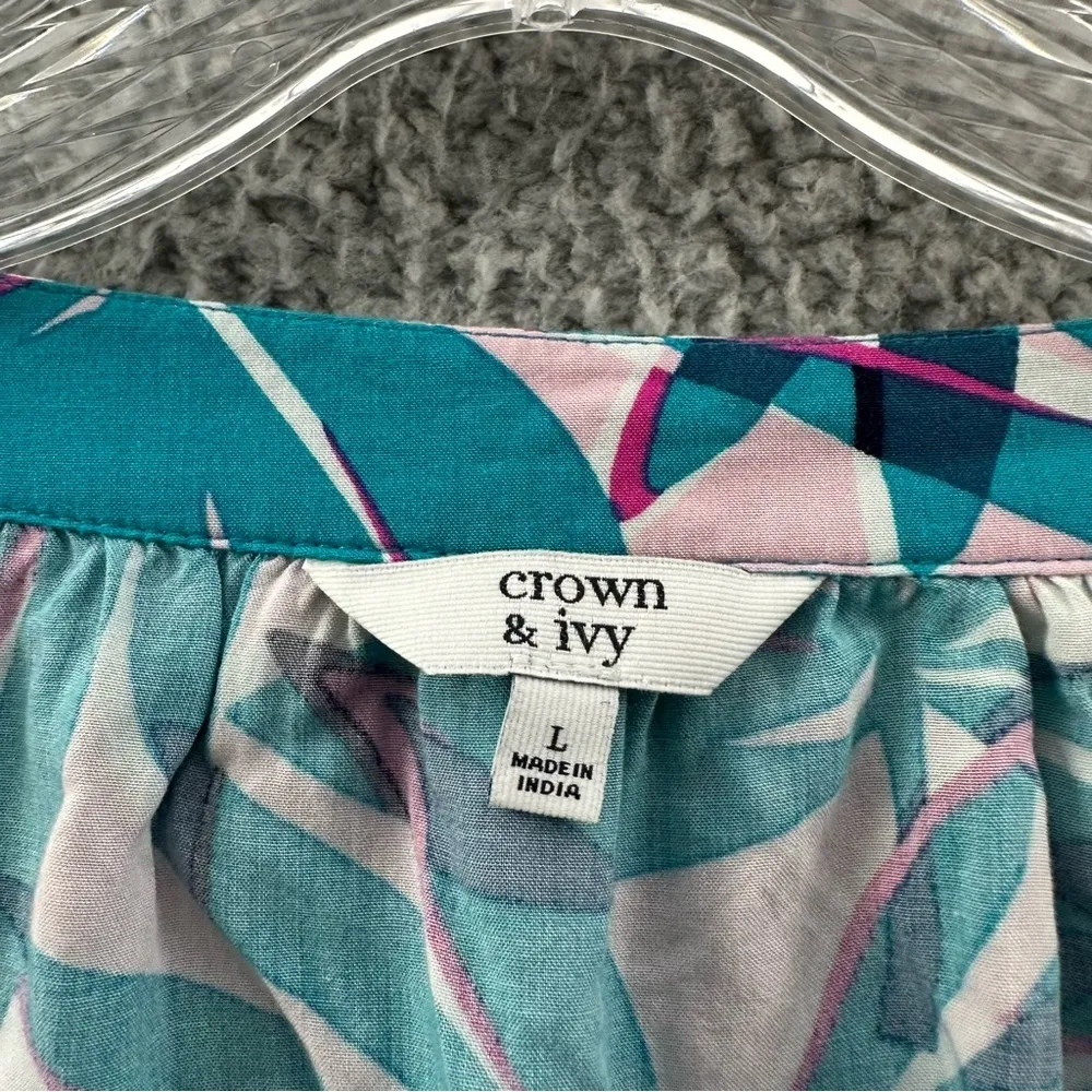 Crown & Ivy 3/4 Bell Sleeve Peasant Top Palms Tropical Crochet‎ Teal Women's XL - Image 5