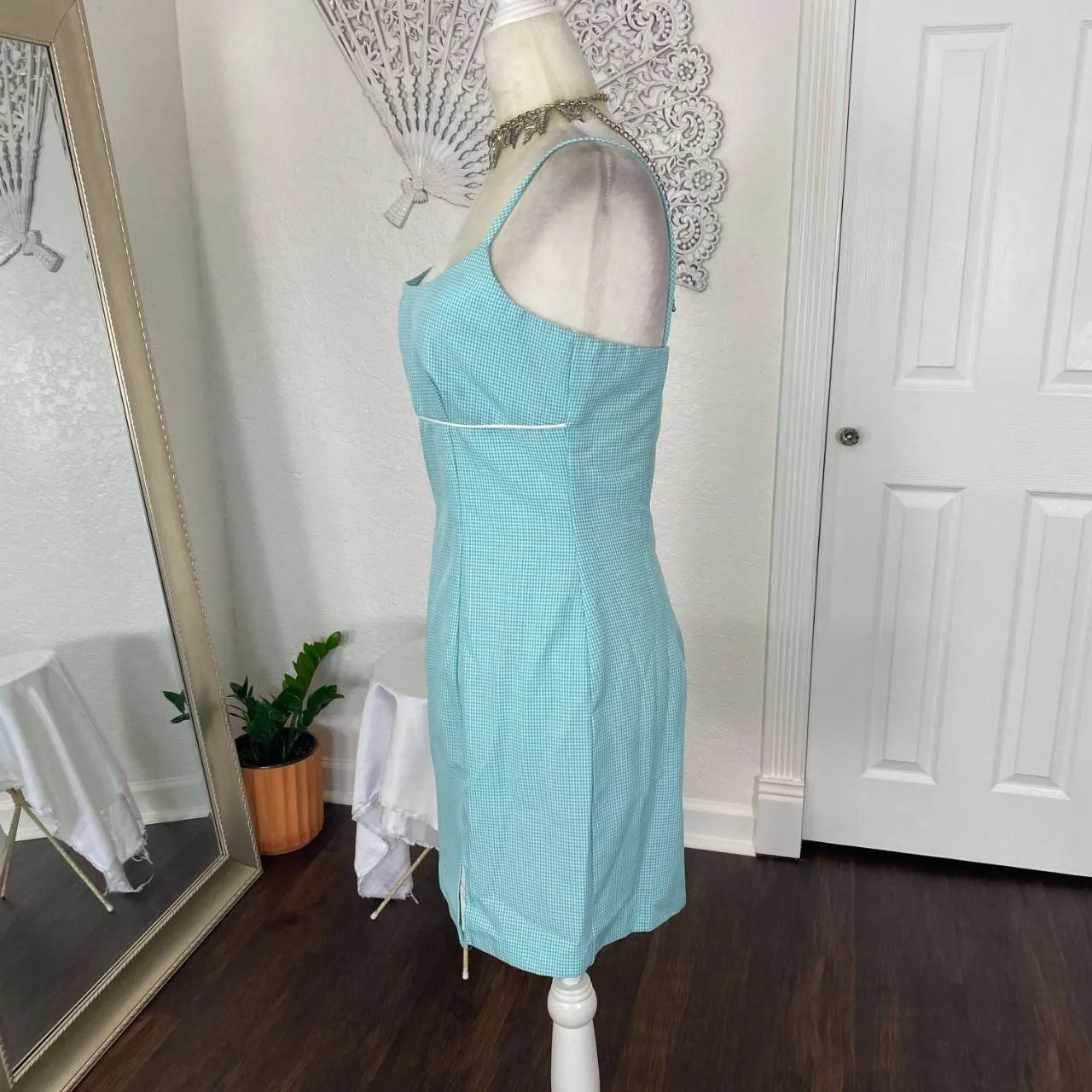1970s Boho Cottage Light Blue Teal White Gingham Mini Cami Dress Size S - Image 3