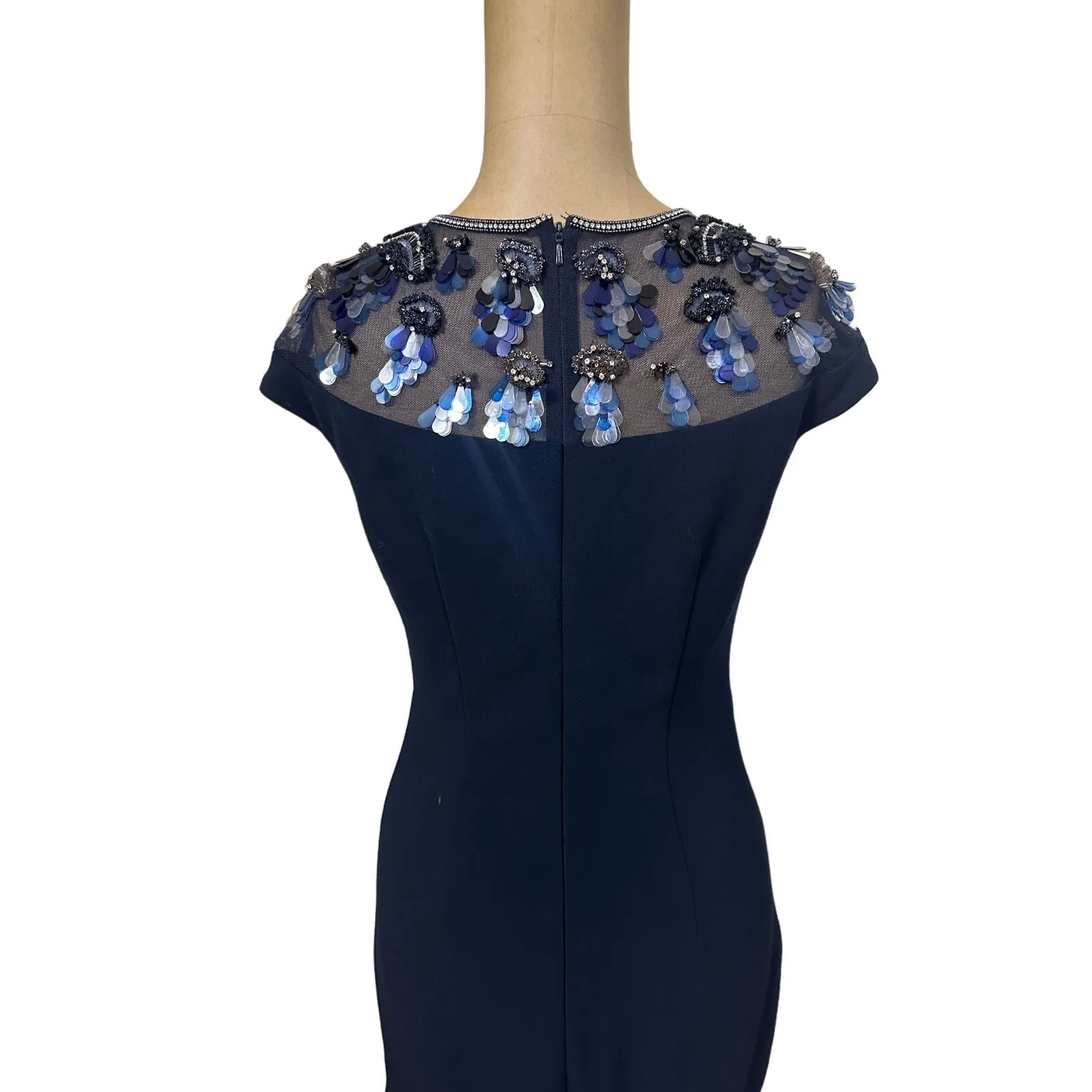 Theia Maxi Gown Midnight Blue Cap Sleeve Sheer Beaded Shoulder Size 0 - Image 10