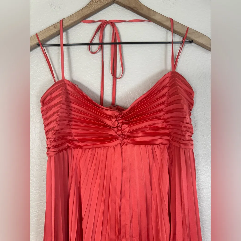 Express Satin Pleated Tie Halter Sweetheart Asymmetrical Midi Dress Coral Small - Image 9