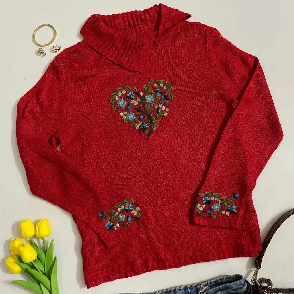 Vintage heart embroidered sweater Coldwater Creek, Red, Sweater, Floral Grandma Size L - Image 3