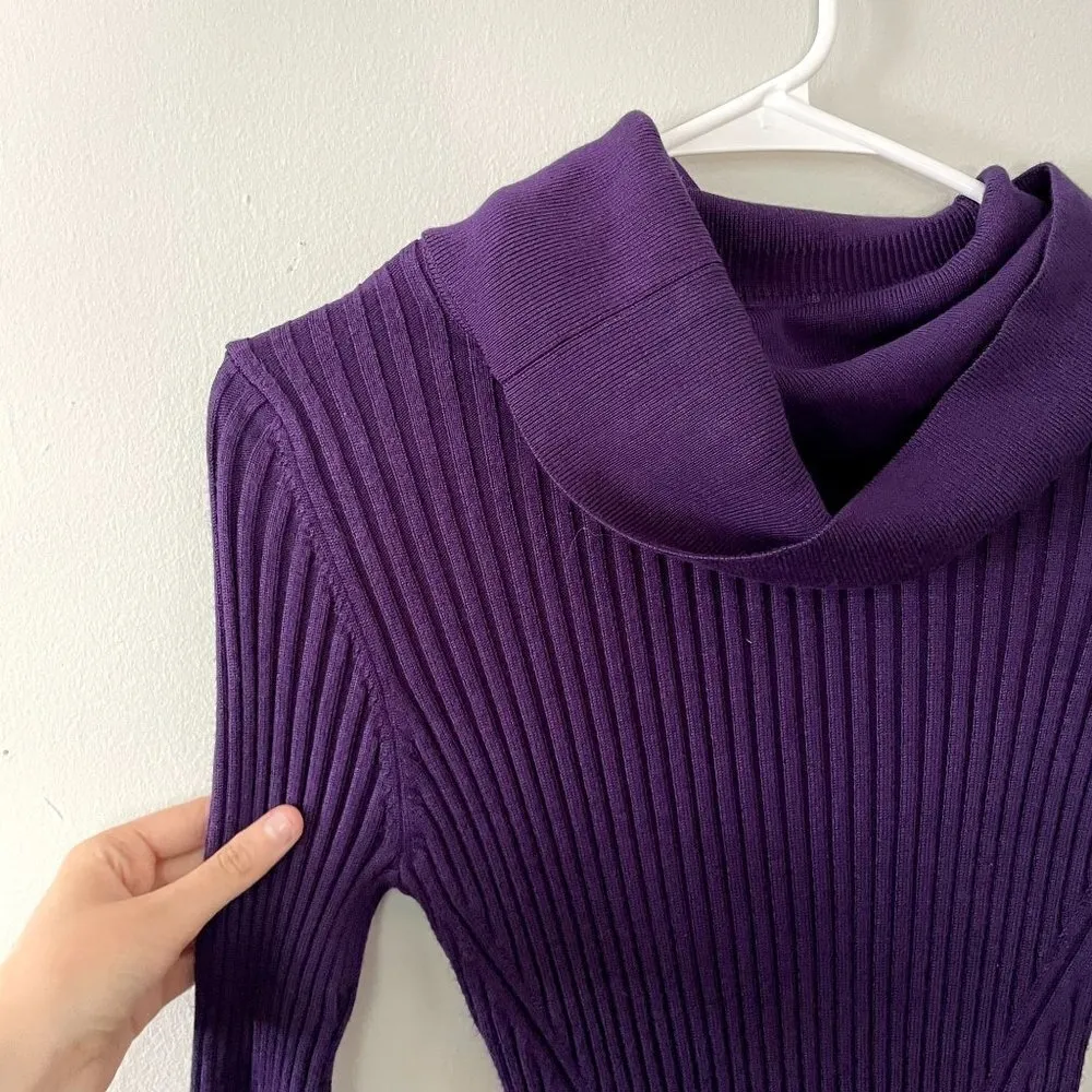 Purple knit sweater dress ribbed classic fitted winter warm dress long sleeves - Image 2