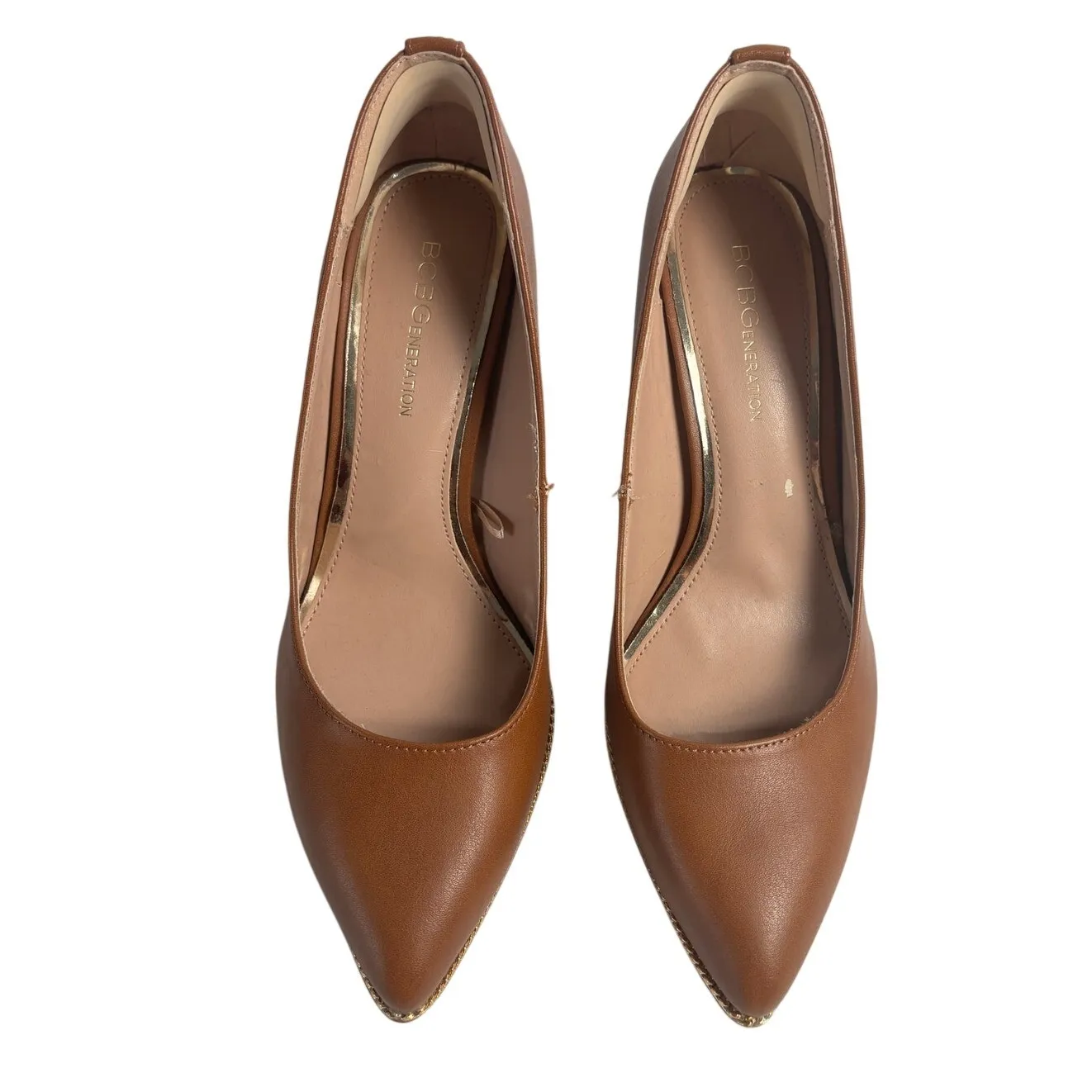 BCBGeneration Hallix Cognac Brown Gold Tim Pointed Toe Pumps Size 8.5 - Image 3