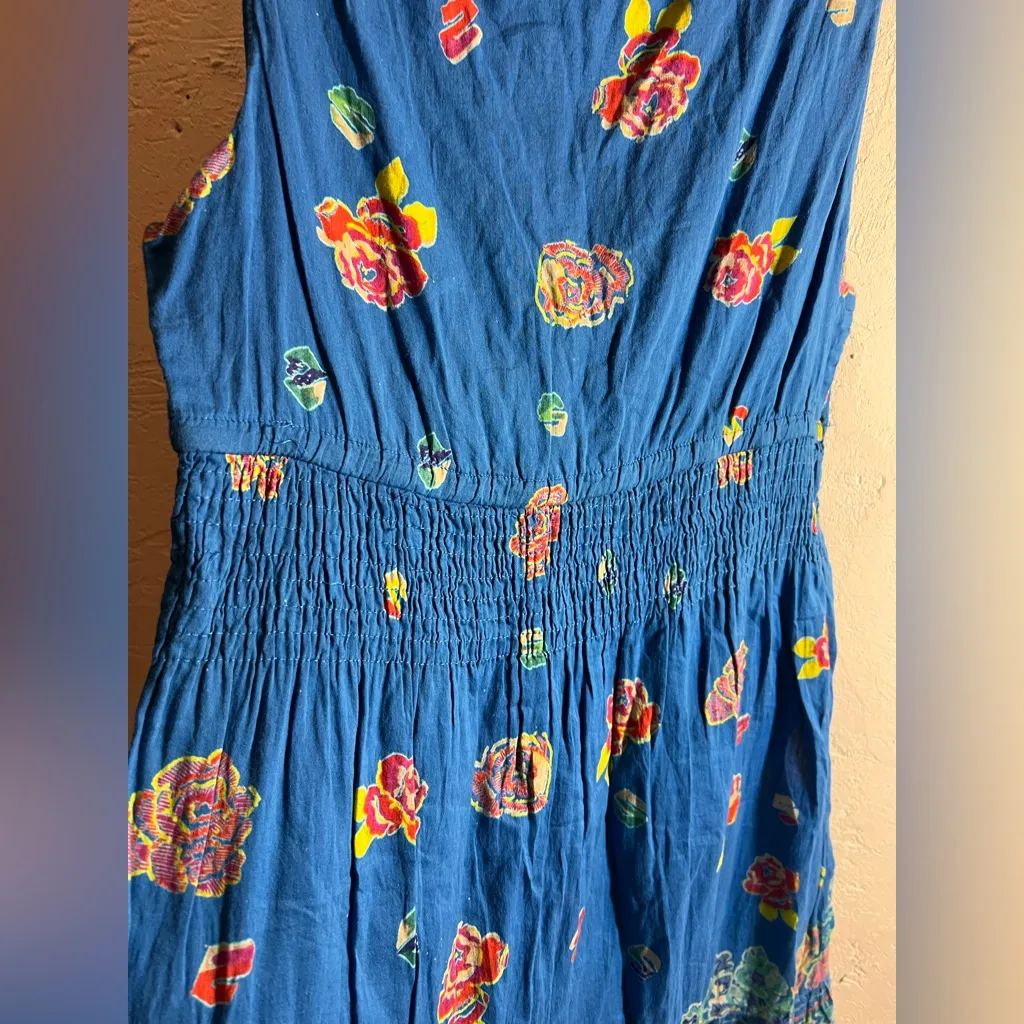Blue Floral Sleeveless Dress M boho festival casual block print floral cotton - Image 8