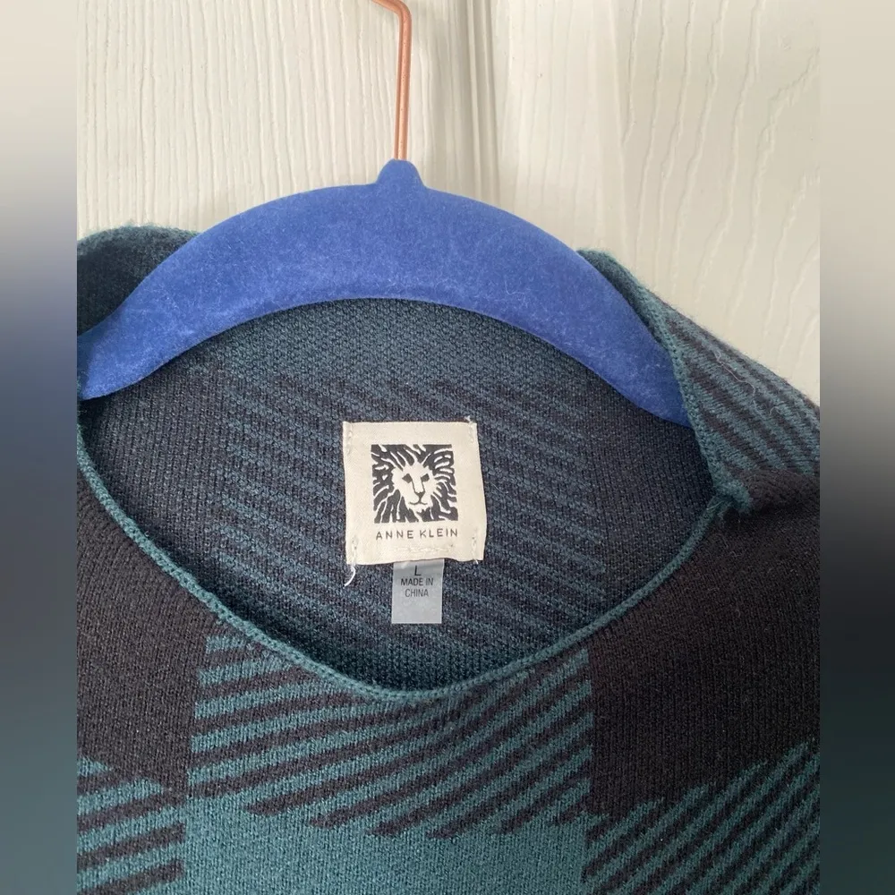 Anne Klein Plaid Top L Green Black Mock Neck Stretch Long Sleeve Workwear - Image 2