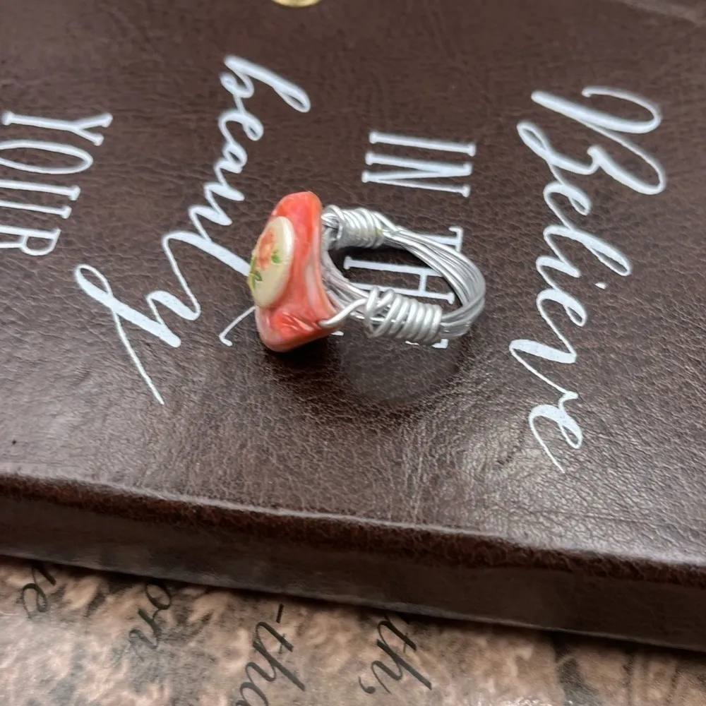 Vintage Pink Rose Cameo Wire Wrapped Ring Size 6.5 Handmade - Image 5