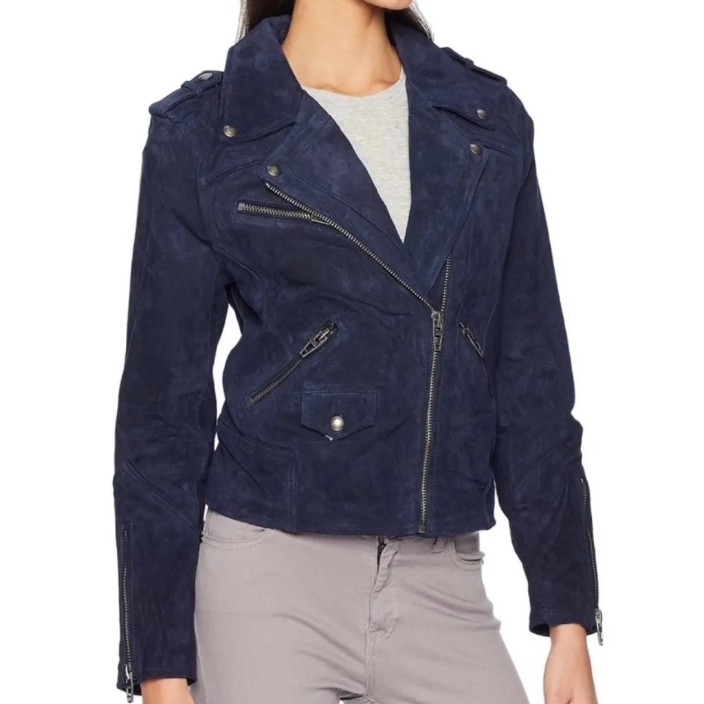 Blanknyc Suede Leather Moto Biker Jacket Size Small Blue Leather Full Zip - Image 13