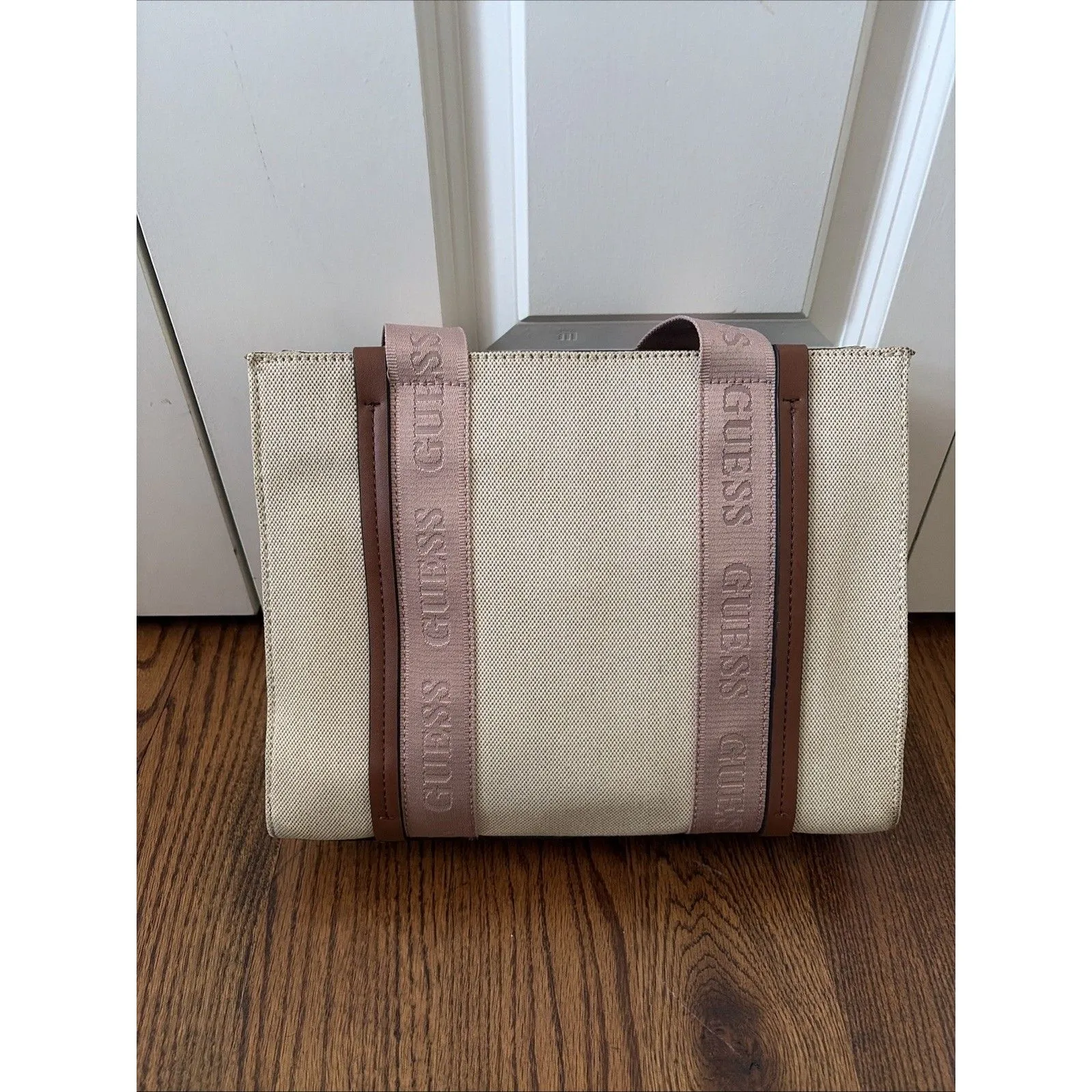 GUESS Talman Carryall Powder Beige Pink Tote Travel Shoulder Canvas Bag - Image 5