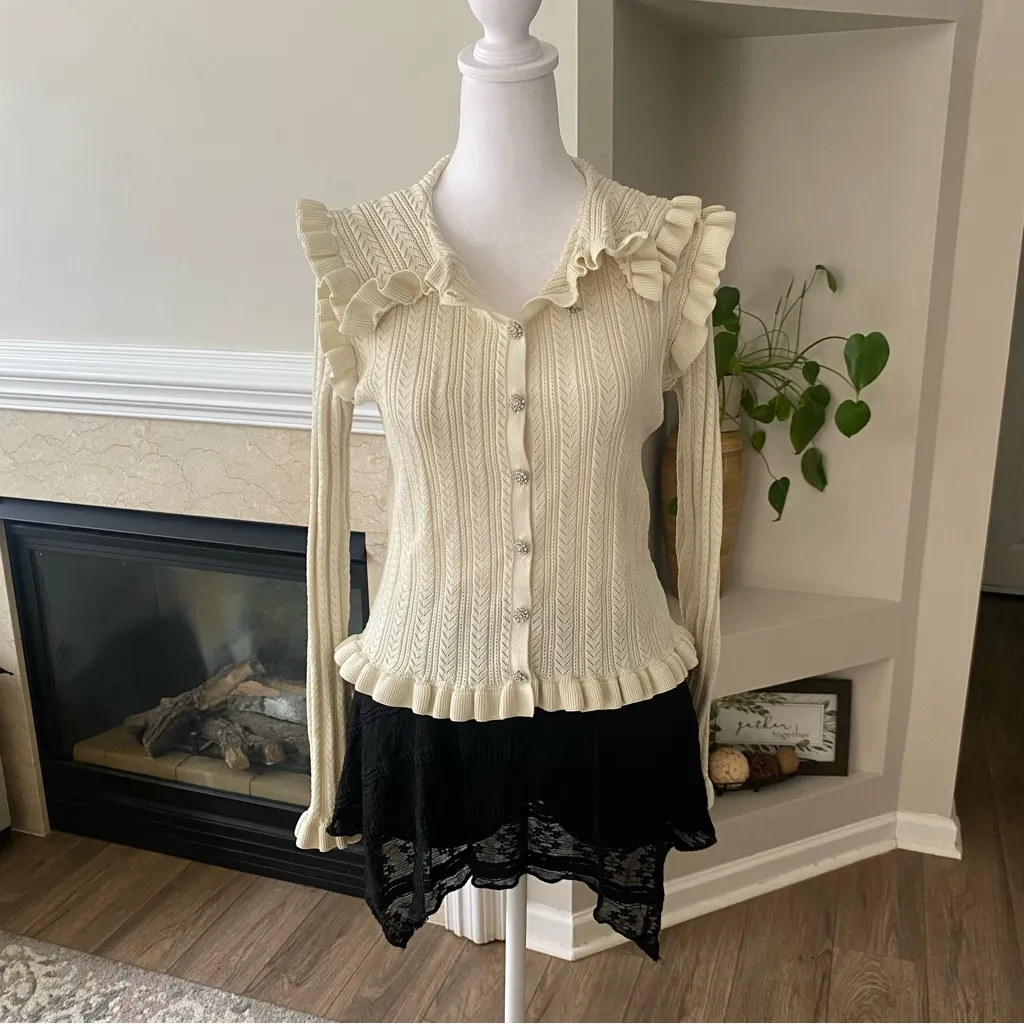 ZARA Cream Ruffled Knitted Cardigan M Cottagecore Whimsigoth Vintage-Inspired - Image 16