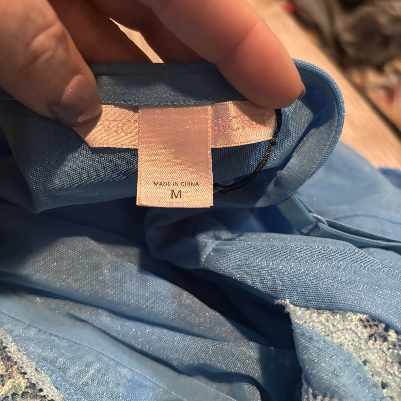 Vintage Victoria's Secret Blue Lace Chemise Slip Dress Sheer Lingerie Size Med - Image 4