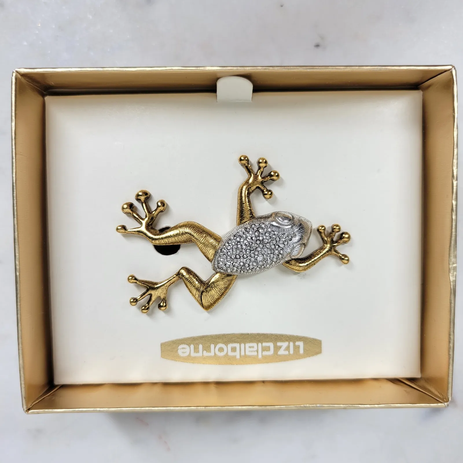 VTG Liz Claiborne Frog Brooch Gold Silver Tone Rhinestone Jewelry Dead Stock - Image 4