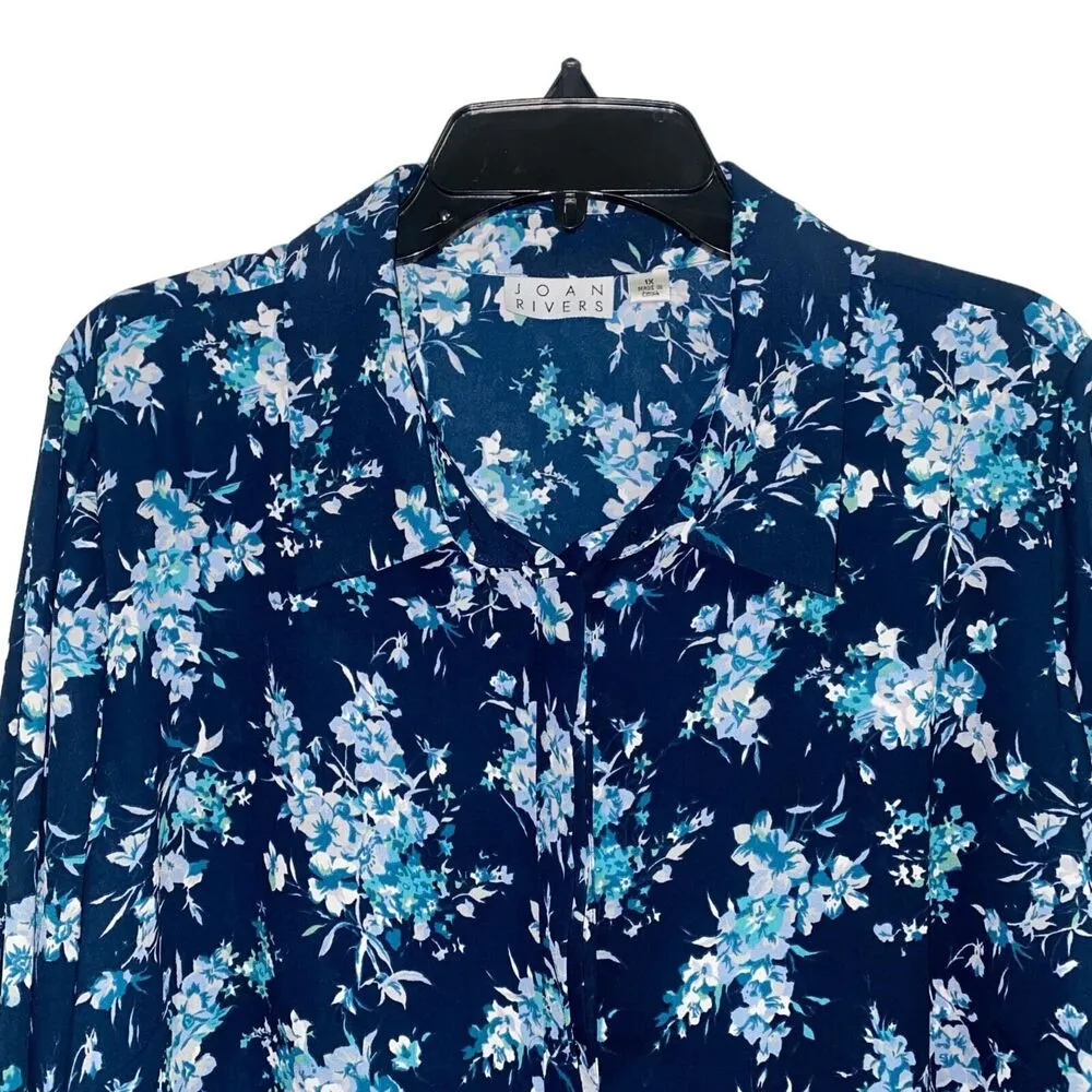 Joan Rivers Women’s Size 1X Blue Floral Polyester Button Up Long Sleeve Blouse - Image 6