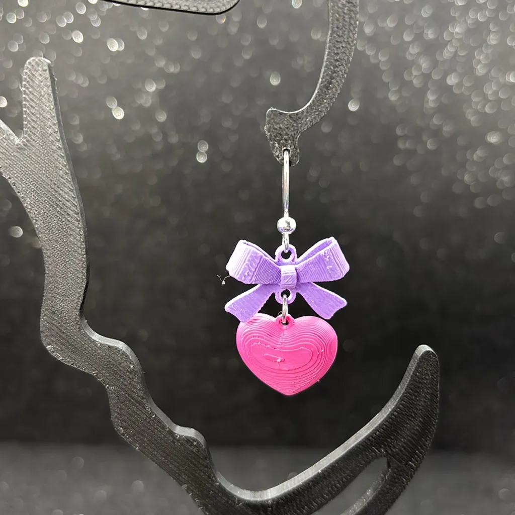Pink Heart Earrings with Purple Bows - Image 2