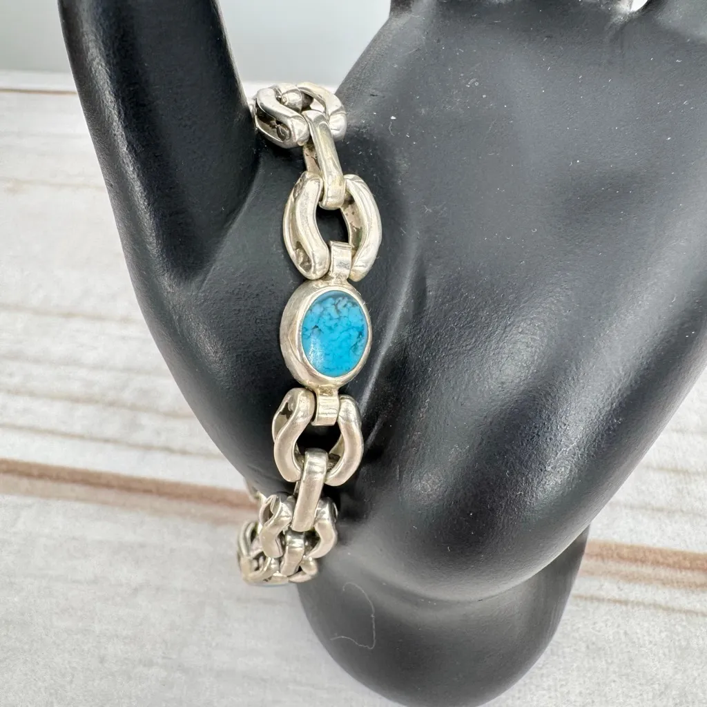 Vintage Sterling Silver Turquoise Link Bracelet Stamped 925 Mexico Southwestern - Image 7