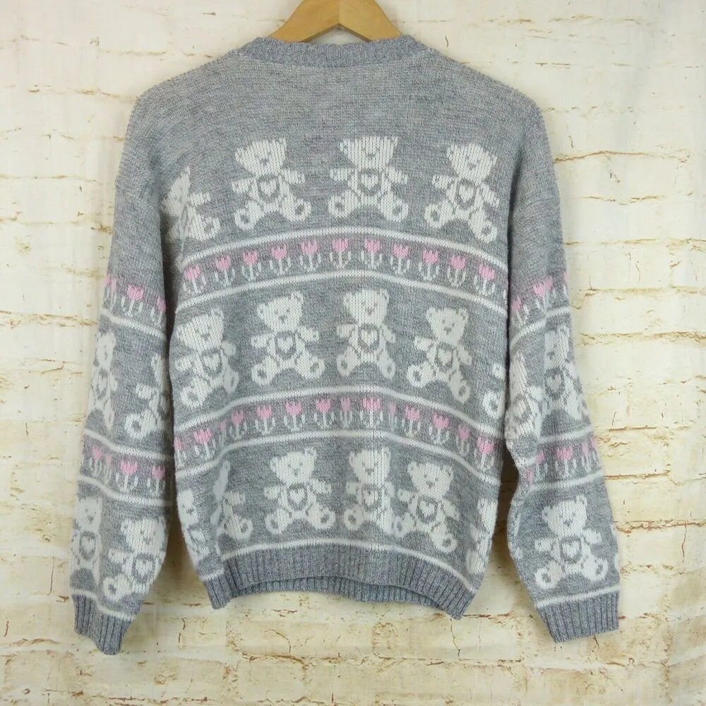 VTG 80s Adele Sweater Womens L Gray Pink Teddy Bears Floral Kidcore Kawaii USA Size L - Image 8