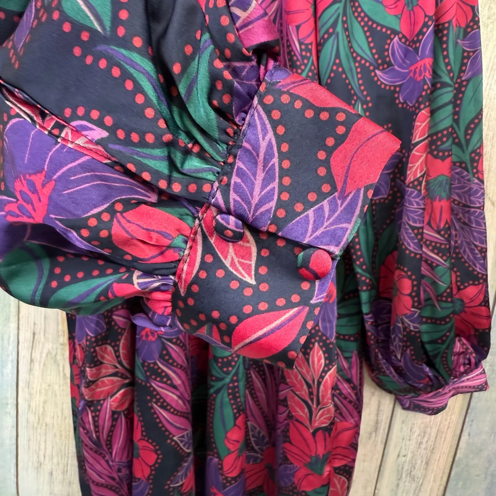 Magenta Dark Floral Flow Satin Dress ODDY Small Long Sleeve Short High Neckline Purple - Image 3