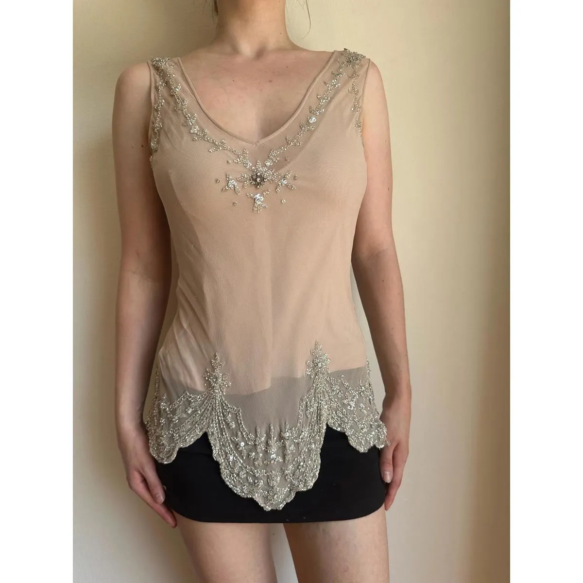 Nude Double Layer Slinky Beaded Sleeveless Top Tan - Image 2