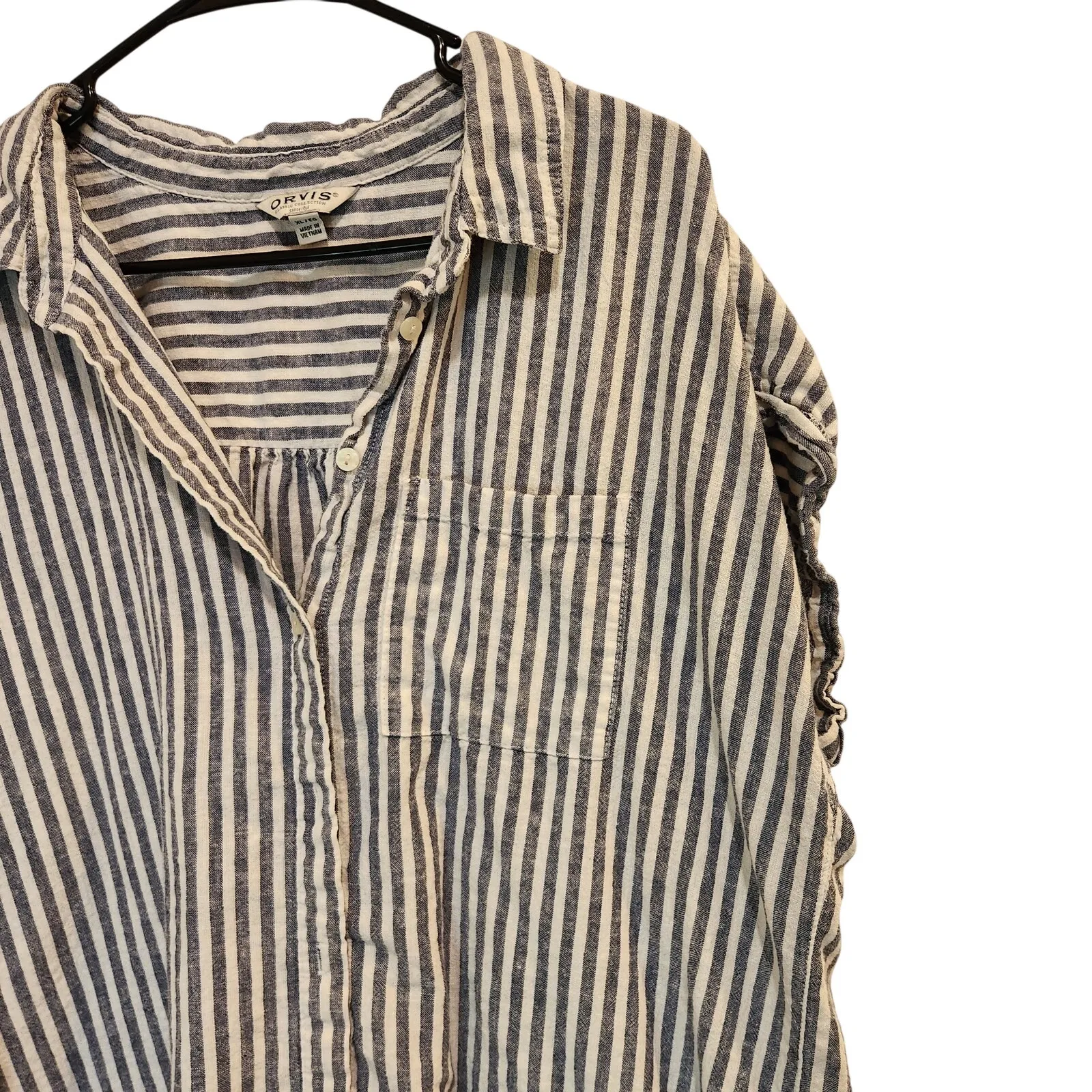 Orvis Blue Striped Short Sleeve Linen Blend Casual Button Down Shirt Size XL - Image 3