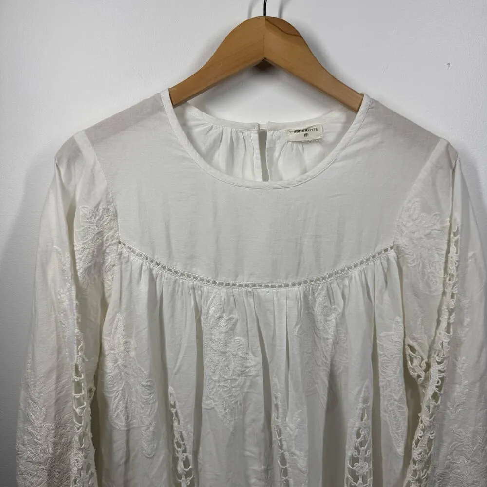 World Market Top Women S/M White Lace Embroidery Cotton Peasant Boho Blouse 70s Size M - Image 3