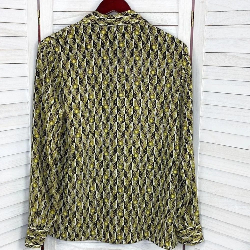 Milano Vintage Printed Button Front Blouse Black Yellow Gold Small - Image 8