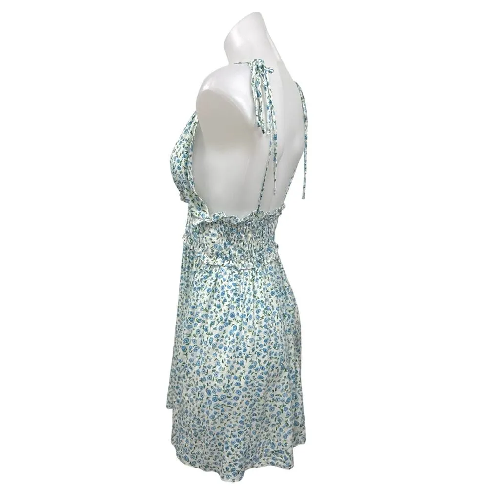 Zara Blue Linen Floral Sleeveless Smocked Mini Cami Camisole Tank Dress Size M - Image 2