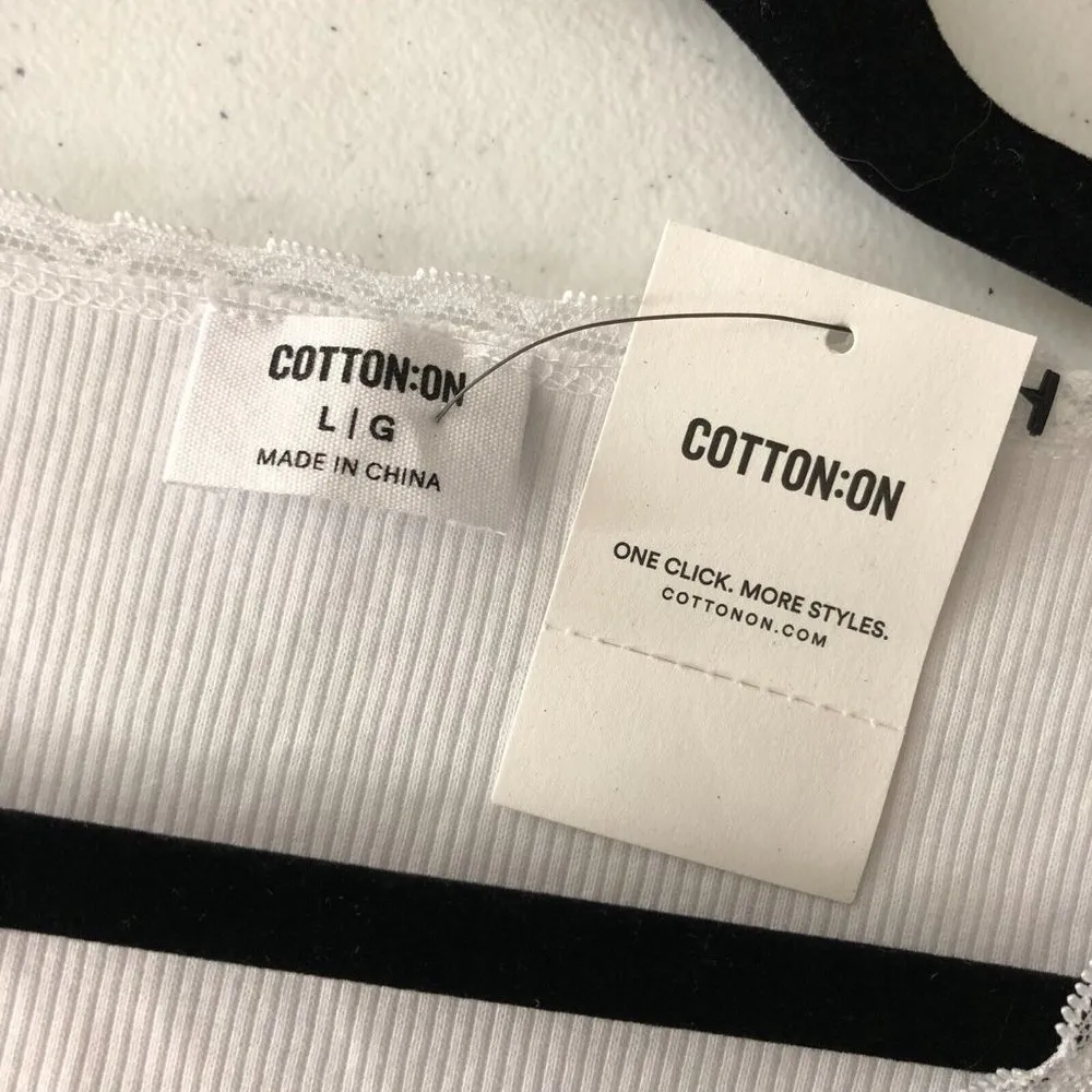 Cotton On Womens Crop Top Ribbed Knit Lace Trim V Neck White Size L - Image 3