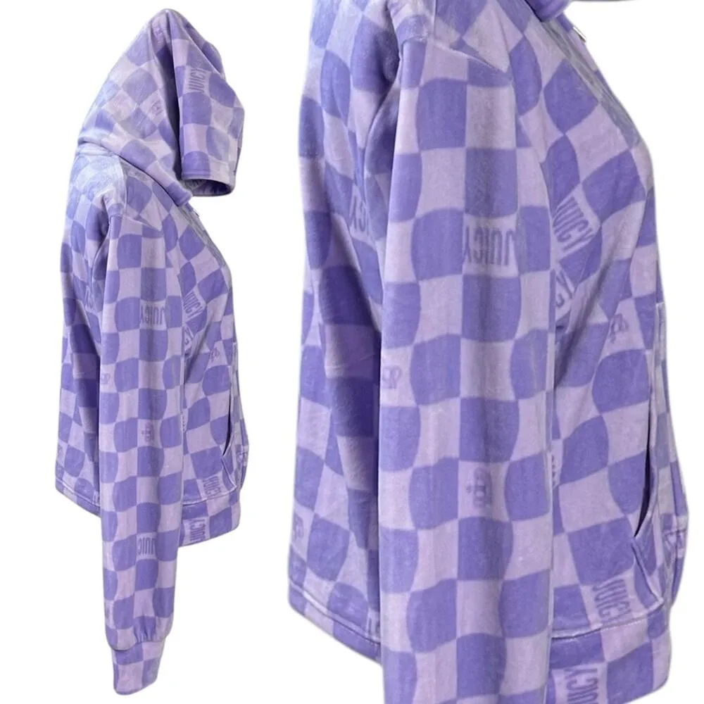 Juicy Couture Velour Lavender Lilac Check Logo Hoodie Size Large Full Zip - Image 4