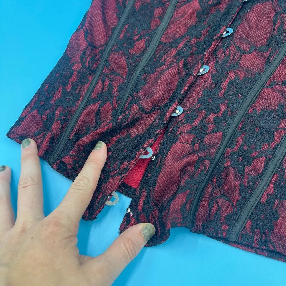 Gothic Coquette Black + Red High Detail Floral Lacey Corset Top Women's Size M Size M - Image 8