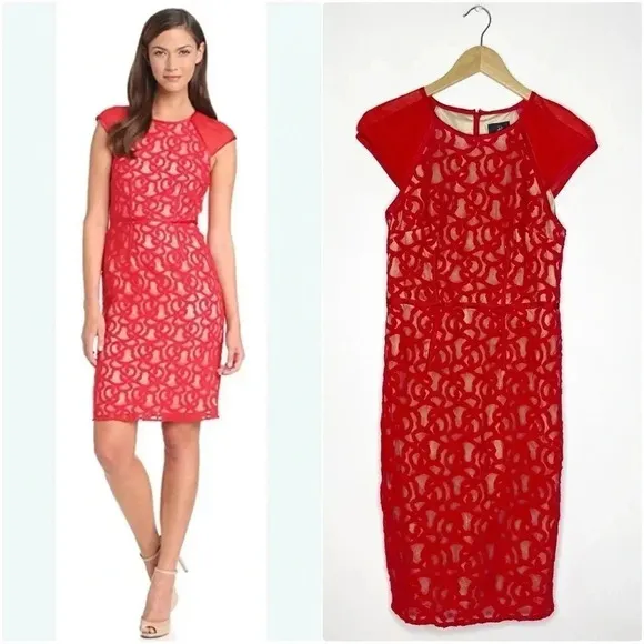 Adrianna Papell Women's Cap Sleeve Red Tonal Piped Lace Knee Length Dress Size 8 - Image 2