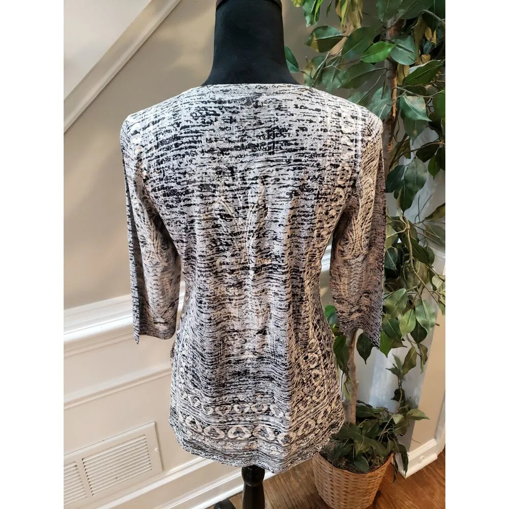 One World Gray Black Blouse SP Gray Black Embellished V Neck Stretch Boho Print - Image 8