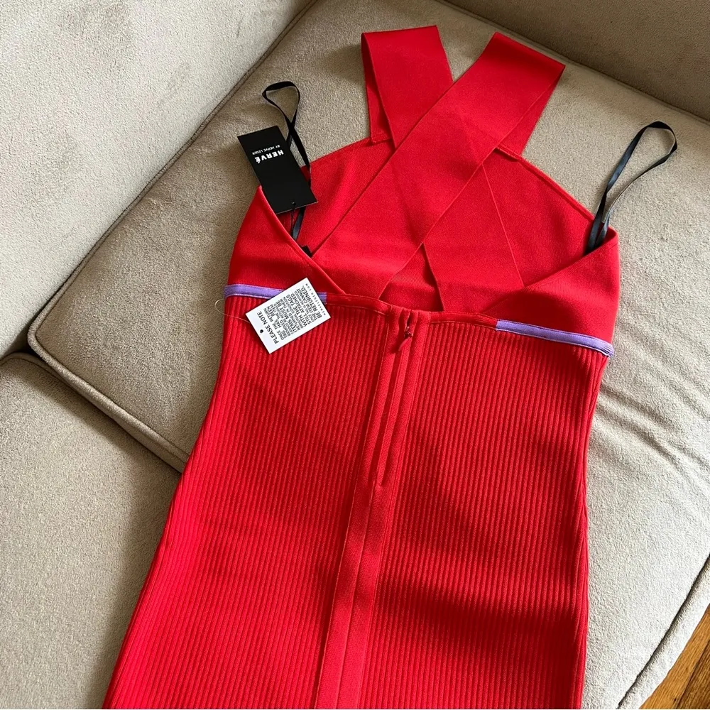 HERVE by Hervé Léger Stripe Bandage Mini Dress red cardinal size L - Image 7