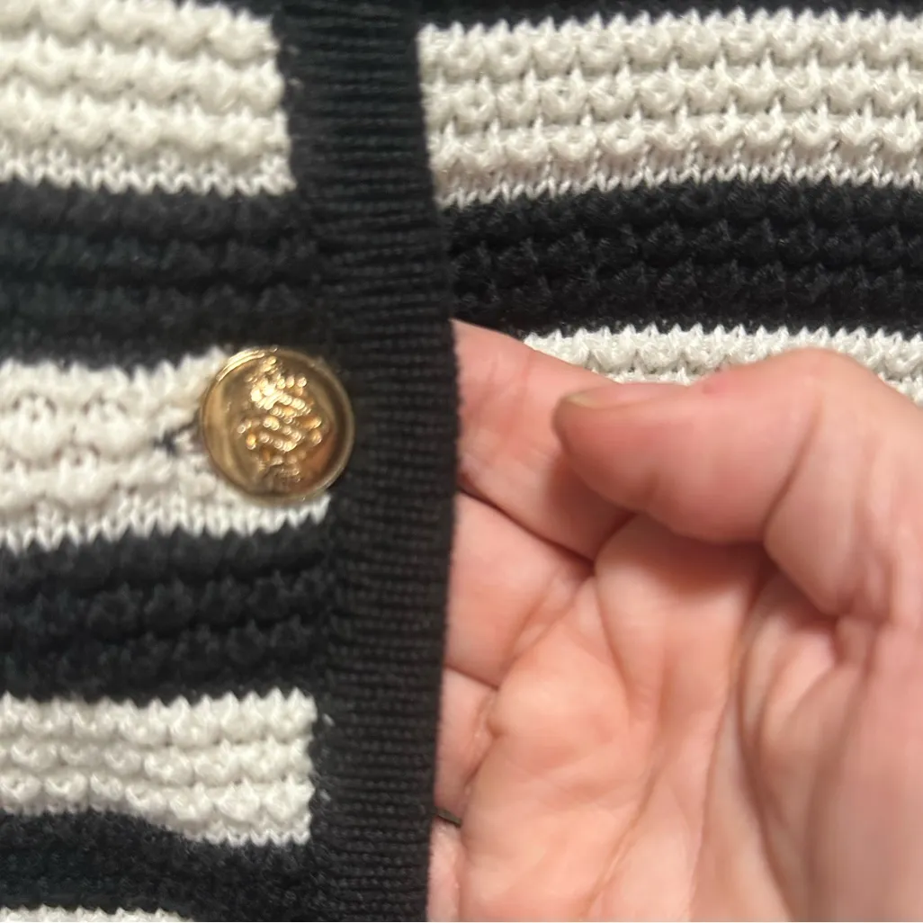 Black White Striped Women's Sweater gold buttons Sz L old Money office career Size L - Image 5