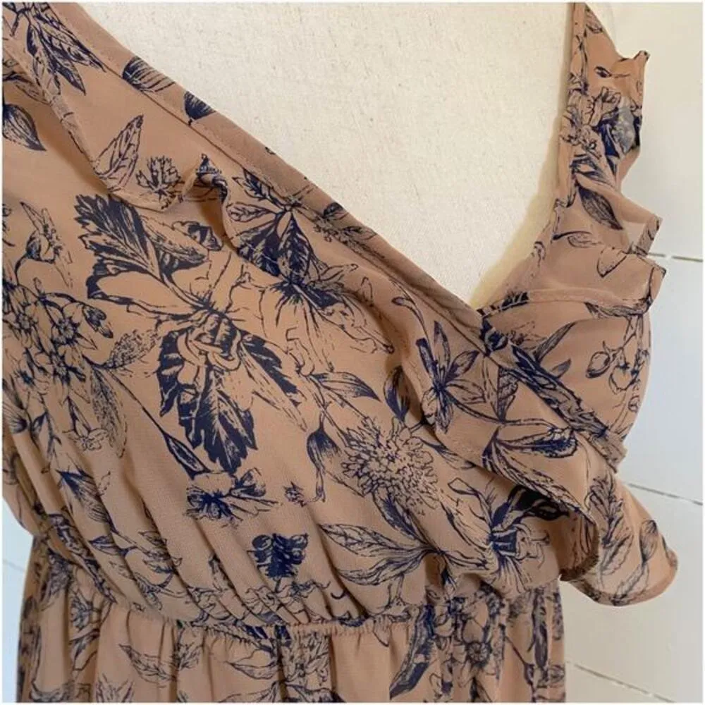 Nordstrom Soprano Brown Tan w/Navy Flowers Sheer Ruffled Flowy Dress XS NWT - Image 10