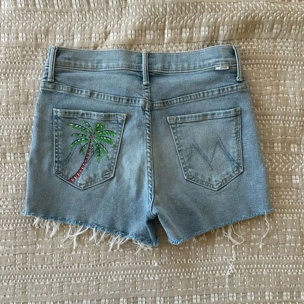 MOTHER High Waisted Rascal Slit Fray Short in Drinking by the Pool Blue Size 27 - Image 4