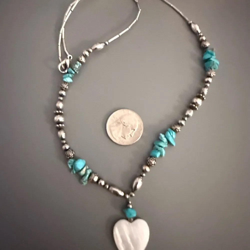Southwestern Liquid Silver Turquoise Mother of Pearl Heart Necklace 24 Inches Blue - Image 5