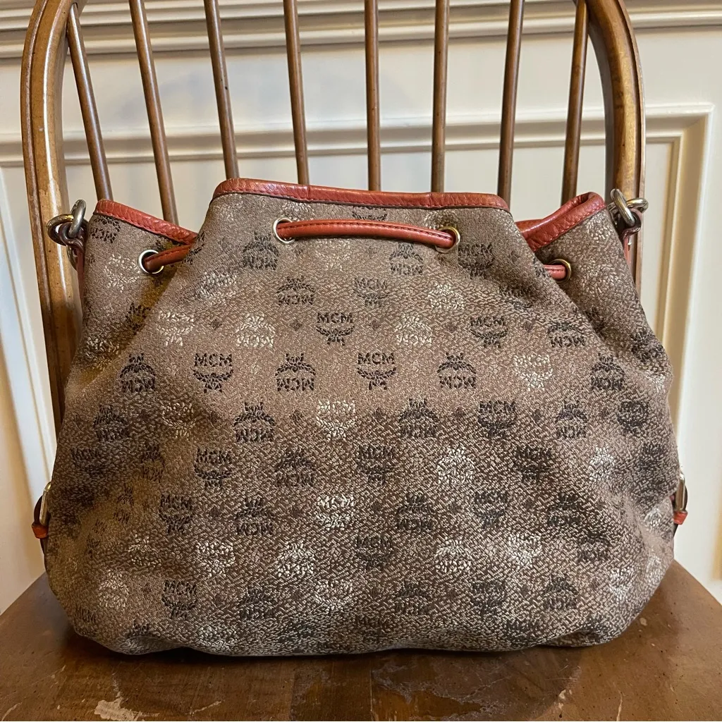 MCM Visetos Jacquard Bucket Bag Drawstring Crossbody Shoulder Brown Orange - Image 3