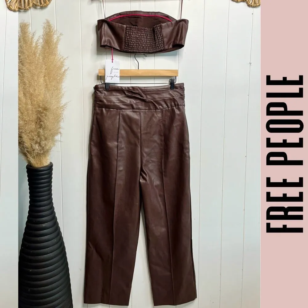 Free People set pants and top high rise strapless pleated vegan leather - Image 2
