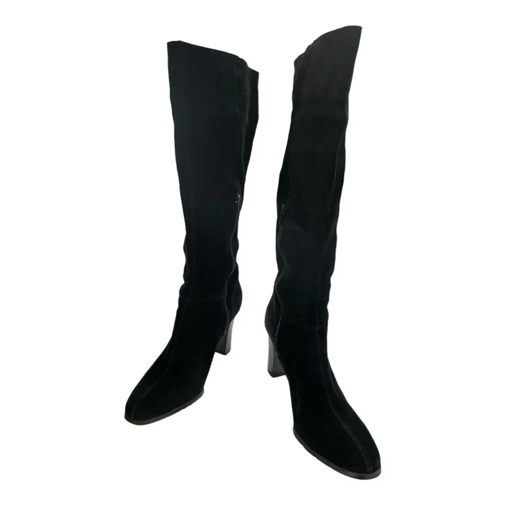 APOSTROPHE Black Suede Knee High Heel Zip Up Fold Over Cuff Style boots 3.5” - Image 8