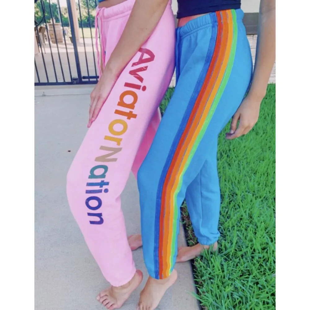AVIATOR NATION 5 Stripe Sweatpant in Neon Blue & Neon Rainbow Size Small - Image 12