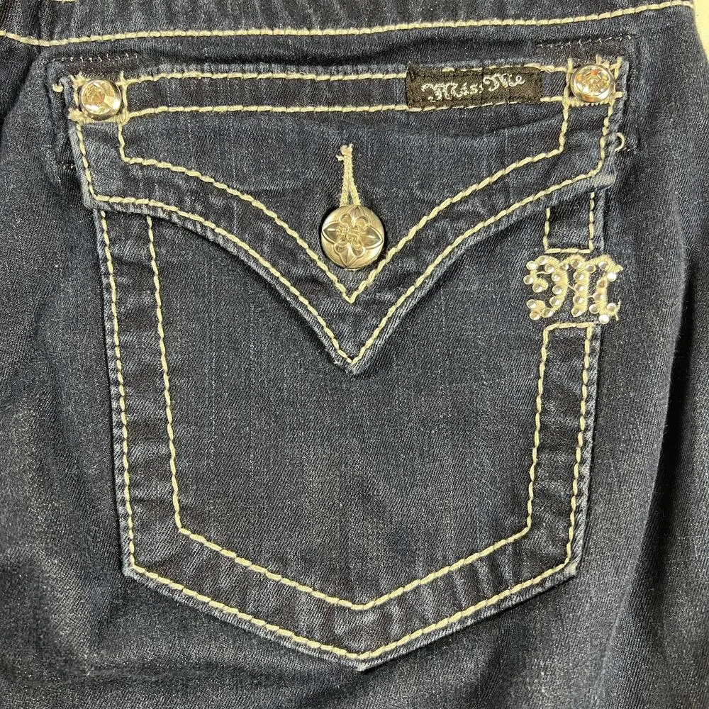 Miss Me Skinny Jeans Dark Wash Embellished Flap Pockets Thick Stitching Size 30 - Image 11