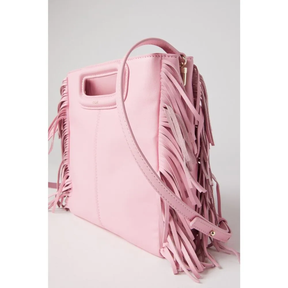 MAJE Light Pink Smooth Leather Tassel Trimmed Magnetic Closure Clutch Bag Purse - Image 14